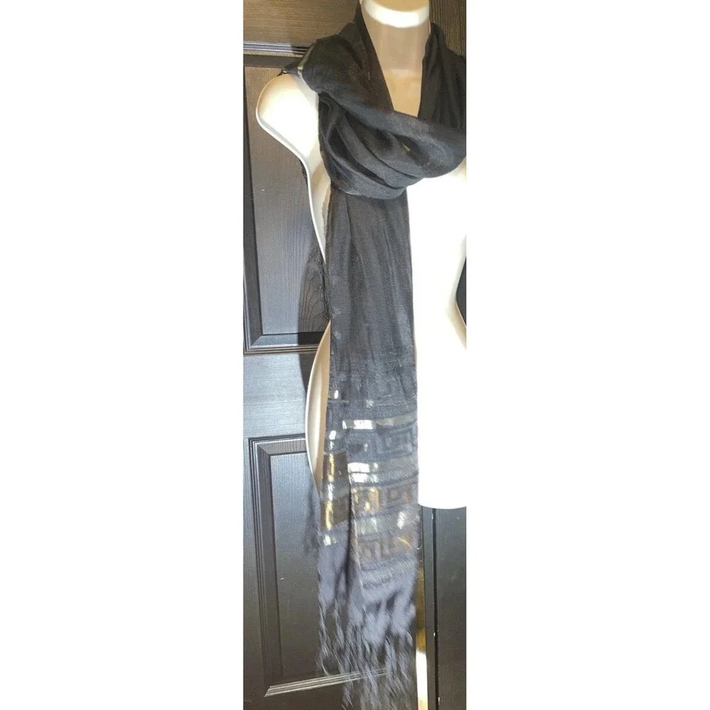 Black Pashmina Scarf Shawl Gold Silver Greek Key Metallic Fringe Evening Wrap